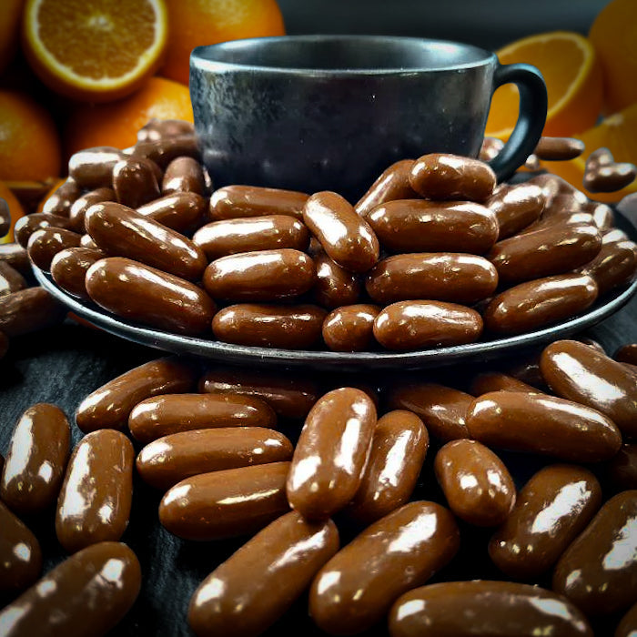 Dražejas ar apelsīnu cukātiem piena beļģu šokolādē