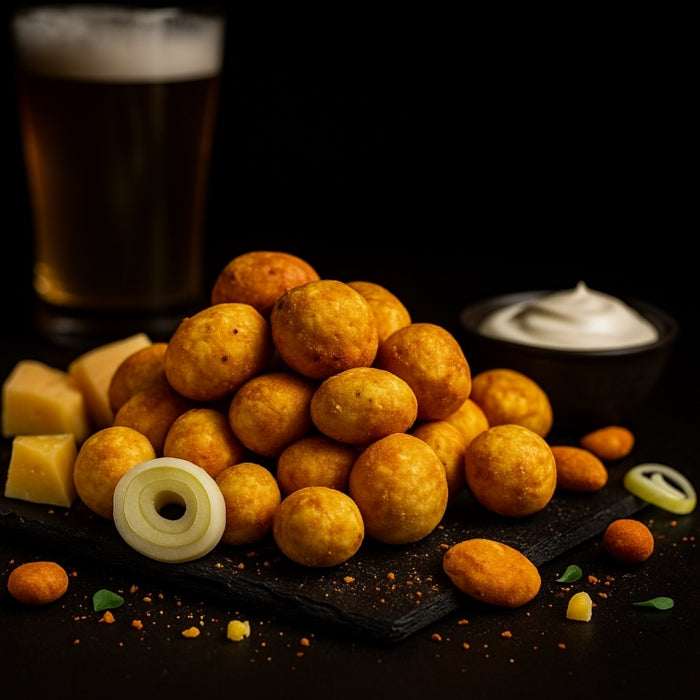 Kraukšķīgie zemesrieksti siera un sīpola apvalkā