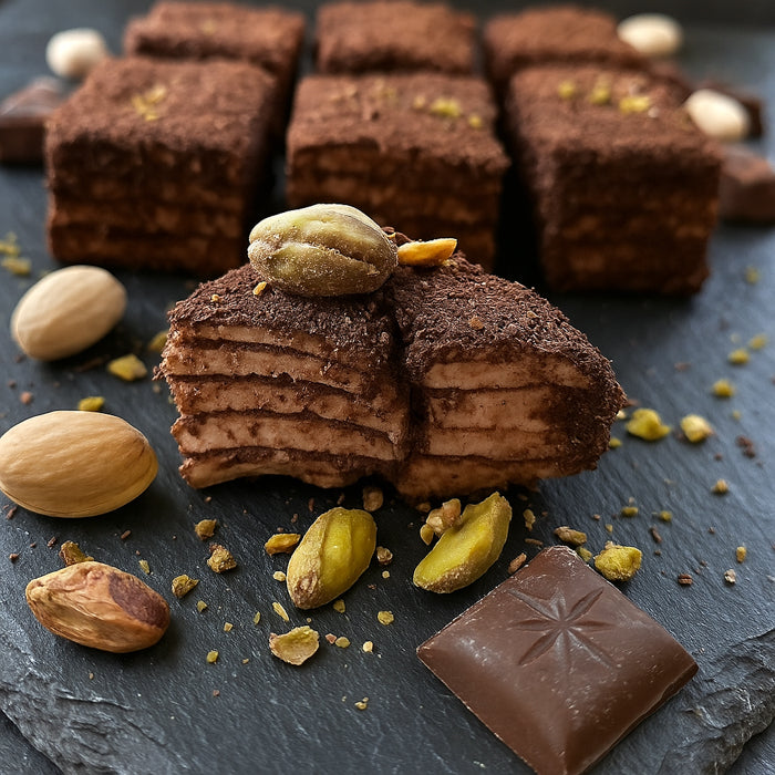 Лукума тортите с шоколадом, подавайте и фисташками