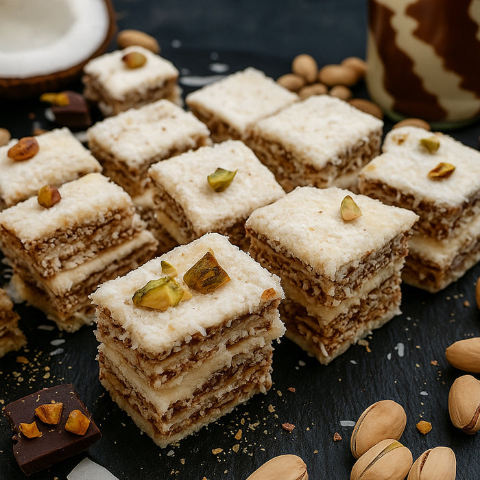 Lukuma tortīte ar kokosu un pistācijām