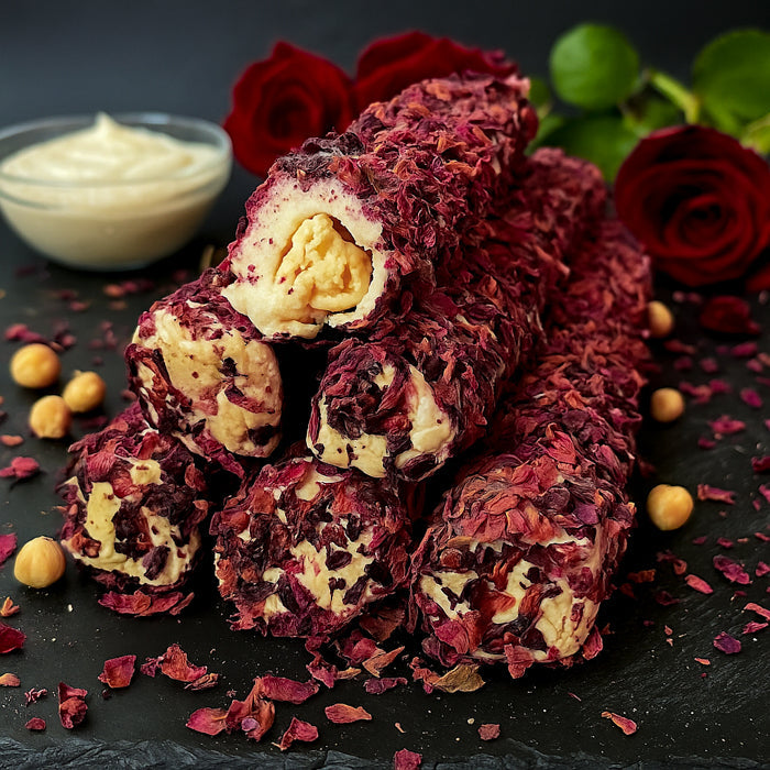 Piena lukums ar rožu lapām, riekstu krēmu un lazdu riekstu pildījumu