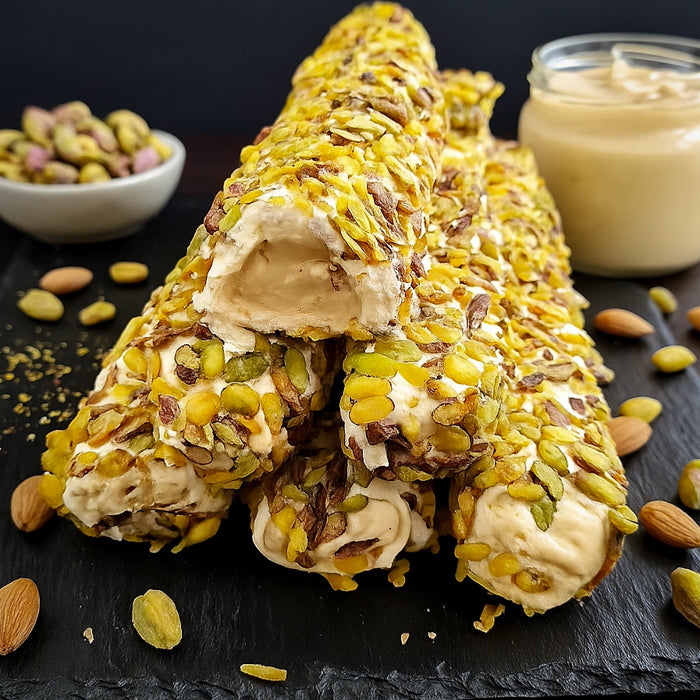 Vaniļas - piena lukums ar pistācijām un mandeļu krēmu